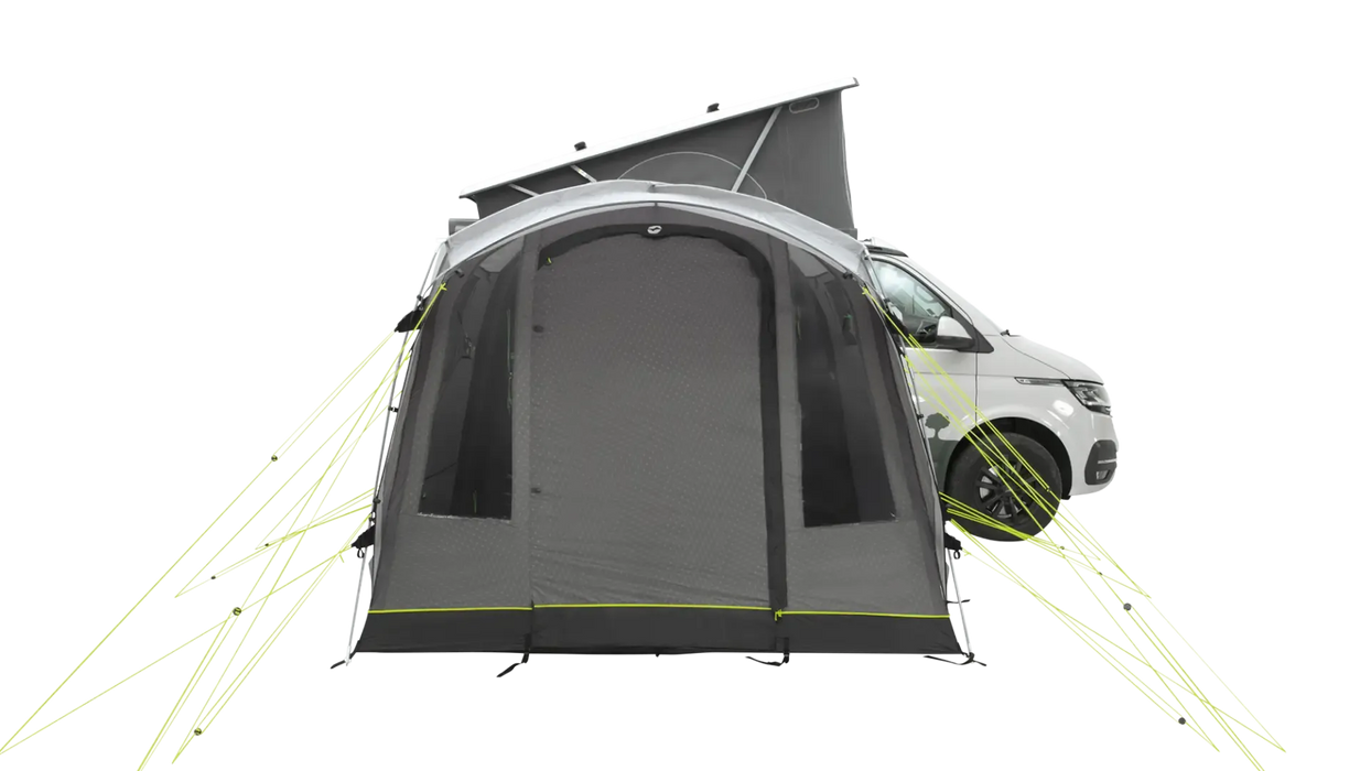 Outwell Pine Hills Drive Away Campervan Awning - product image, shown from front angle with door closed, attached to vehicle