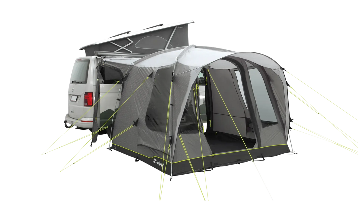 Outwell Pine Hills Drive Away Campervan Awning - product image, shown from front angle with doors open, attached to vehicle