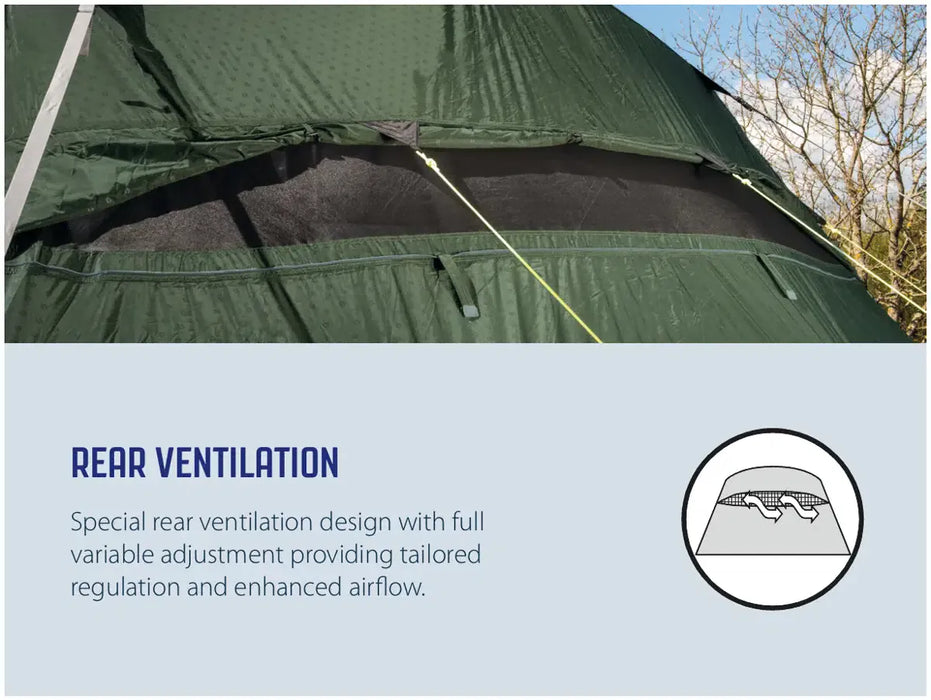 Outwell Sacramento 6 Air Inflatable 6 Person Tent - rear ventilation infographic