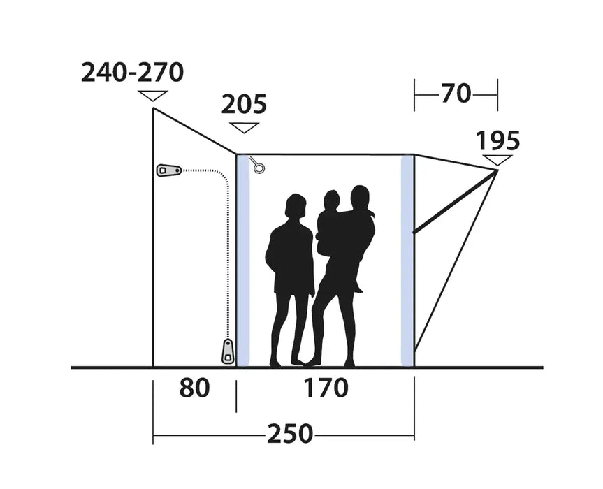 Outwell Santa Monica Air Drive Away Inflatable Awning - Mid/Tall - product diagram with dimensions