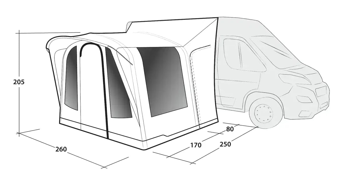 Outwell Santa Monica Air Drive Away Inflatable Awning - Mid/Tall - product diagram with dimensions