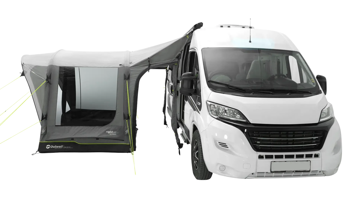 Outwell Santa Monica Air Drive Away Inflatable Awning - Mid/Tall - product image, from side angle , showing awning attached to vehicle with side entrance open