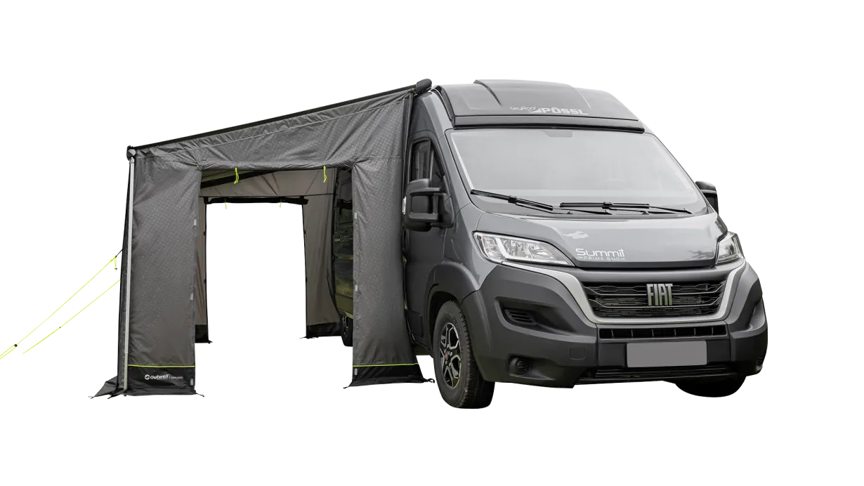 Outwell Sideroads Motorhome Annexe - product image, taken from side view, showing annexe attached to awning and vehicle, pitched with guylines, with side entrances open