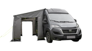 Outwell Sideroads Motorhome Annexe - product image, taken from side view, showing annexe attached to awning and vehicle, pitched with guylines, with side entrances open
