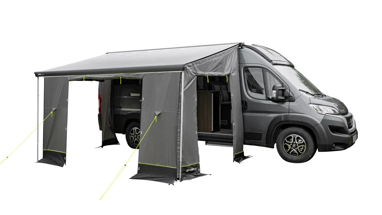 Outwell Sideroads Motorhome Annexe - product image, shown from front-side view, attached to awning and pitched with guylines, with front and side entrances open