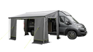 Outwell Sideroads Motorhome Annexe - product image, shown from front-side view, attached to awning and pitched with guylines, with front and side entrances open