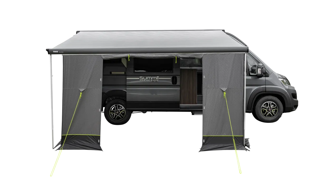 Outwell Sideroads Motorhome Annexe - product image, showing annexe attached to awning and pitched with guylines, with front entrance open