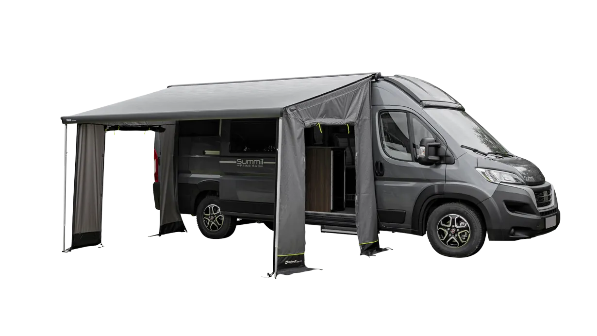 Outwell Sideroads Motorhome Annexe - product image, taken from front-side view, showing annexe attached to awning and vehicle, pitched with guylines, with all entrances open