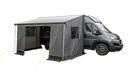 Outwell Sideroads Motorhome Annexe - product image, taken from front-side view, showing annexe attached to awning and vehicle, pitched with guylines, with front entrance only open