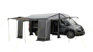 Outwell Sideroads Motorhome Annexe - product image, taken from front-side view, showing annexe attached to awning and vehicle, pitched with guylines, with all entrances open with canopy poles