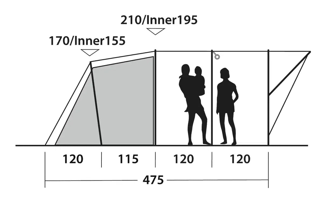 Outwell Sky 6 Person Tunnel Family Tent - product diagram with dimensions