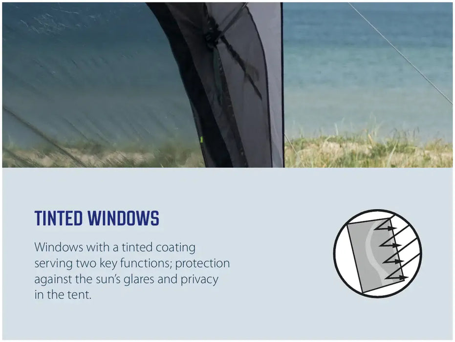 Outwell Sky 6 Person Tunnel Family Tent - tinted windows infographic