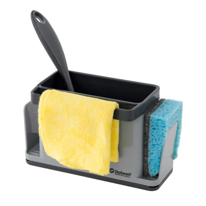 Outwell Willett Sink Side Organiser - Camping Kitchen Caddy feature image showing a blur sponge in side and brush in main part and dish cloth hanging on front