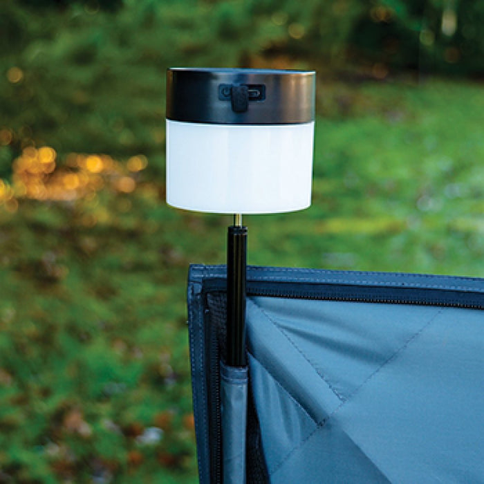 PLS Rechargeable Universal Windbreak LED Solar Light - lifestyle image, showing light affixed to windbreak pole emitting cool white light