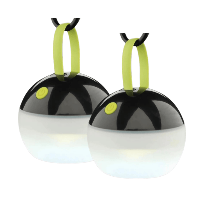 Power Cut Preparation Kit Bundle 2 – product image, showing two small black-and-white globe lights with fluorescent green hanging handles, against a plain white background