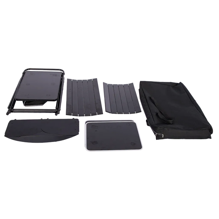 Quest Oregano Folding Camping Kitchen Stand with Storage – product image, showing disassembled components of unit