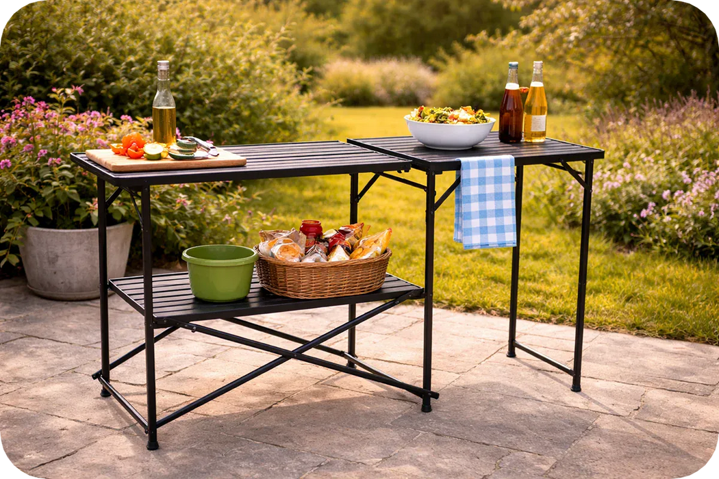 Quest Rosemary Folding Camping Kitchen Stand – lifestyle image, showing unit in use with food and towel on it, against garden background with patio