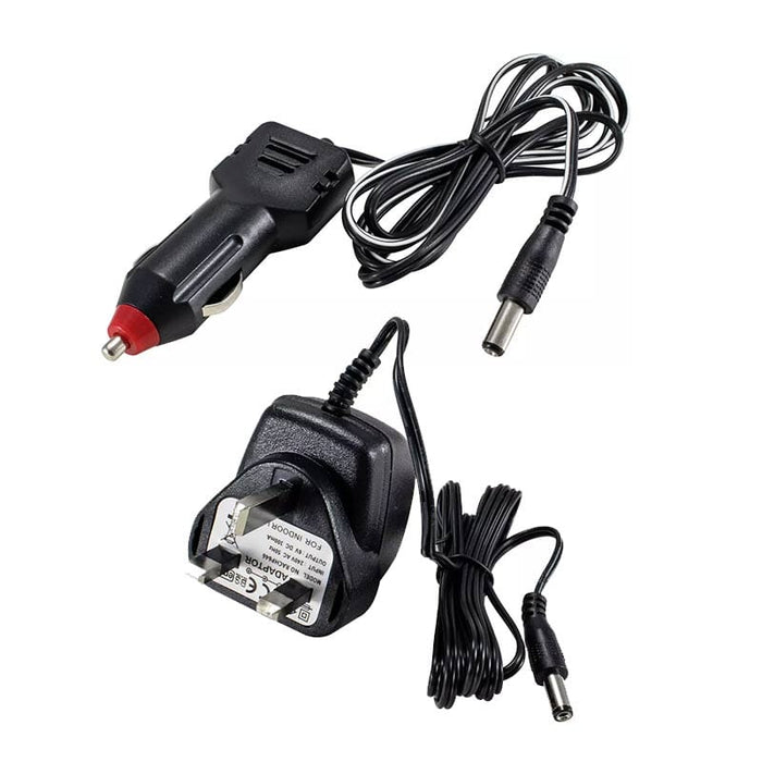 RAC 150 Lumen Rechargeable 3-in-1 Lantern & Torch - product image, showing a black car charger adapter with a cigarette lighter plug, power supply brick, and two cables on a white background.