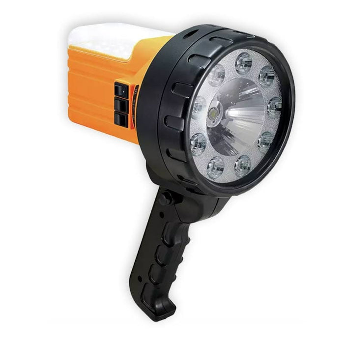 RAC 150 Lumen Rechargeable 3-in-1 Lantern & Torch - product image, showing a portable handheld flashlight with a bright orange body, a black textured head and handle, and multiple clear LED lenses, shown on a plain white background.