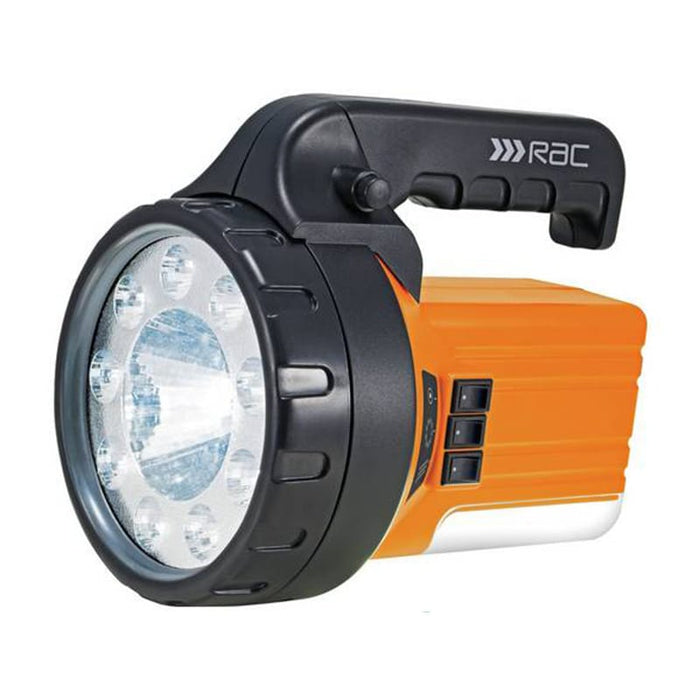 RAC 150 Lumen Rechargeable 3-in-1 Lantern & Torch - main product image, showing portable LED flashlight with a black handle and a bright orange body, featuring multiple LED bulbs in the front lens and a white accent strip near the base. The brand name 'RAC' is printed on the handle.