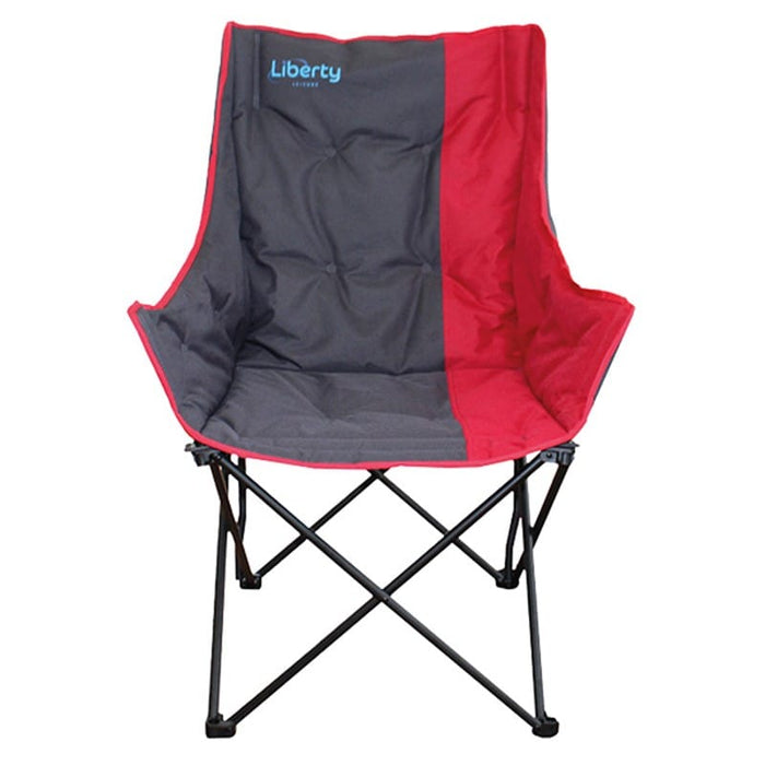 Liberty Leisure Comfort Padded Folding Camping Chair - Various Colours - product image of a folding camp chair with a black and red fabric seat and backrest, featuring the 'Liberty' brand logo in blue on the upper left. The chair is shown against a plain white background.