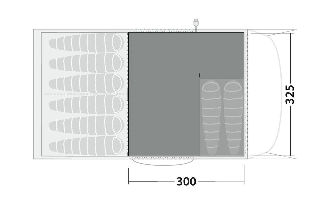 Robens Eagle Rock 6+2XP Fleece Tent Carpet layout image showing carpet coverage of 325 x 300 cm