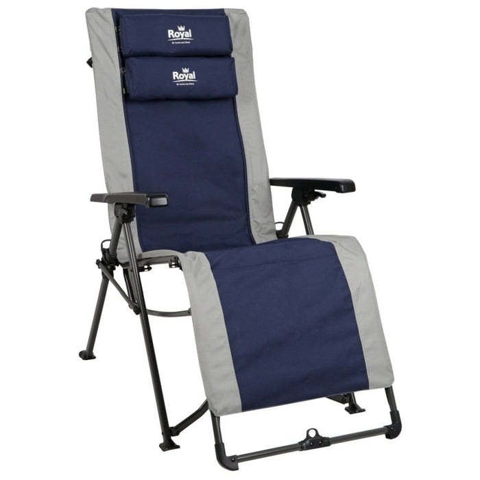 Royal Leisure Easy Lounger Zero Gravity Reclining Chair – Blue & Grey - main product image, showing chair opened out, from front-side angle
