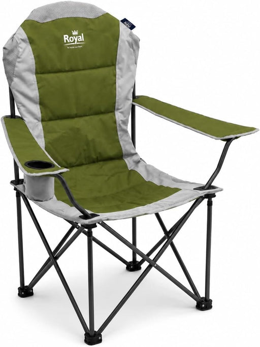 A folding outdoor camp chair by Royal, featuring an olive green and light gray fabric body with a black metal frame, including a side cup holder and armrests.