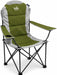 A folding outdoor camp chair by Royal, featuring an olive green and light gray fabric body with a black metal frame, including a side cup holder and armrests.