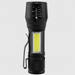 Storm Force 3W Rechargeable 2-in-1 Torch & Lantern - main product image, showing a black tactical LED flashlight with a textured grip, a black metal clip, and a bright yellow-green COB LED light bar, shown against a light gray background.