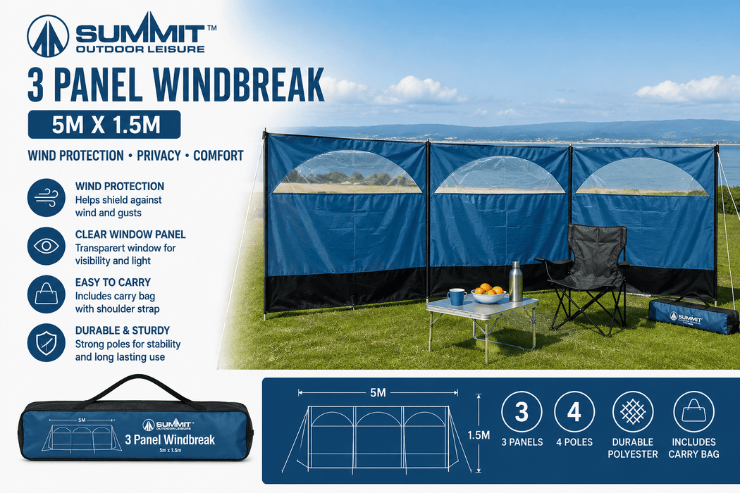 Summit Windbreak in indigo blue with chair and table and product information