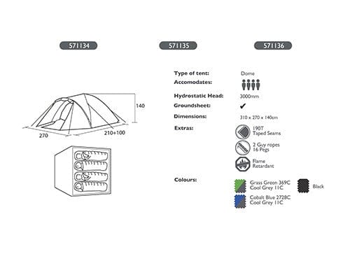 Summit 4 Person Dome Tent – Slate Grey - product diagram and statistic information