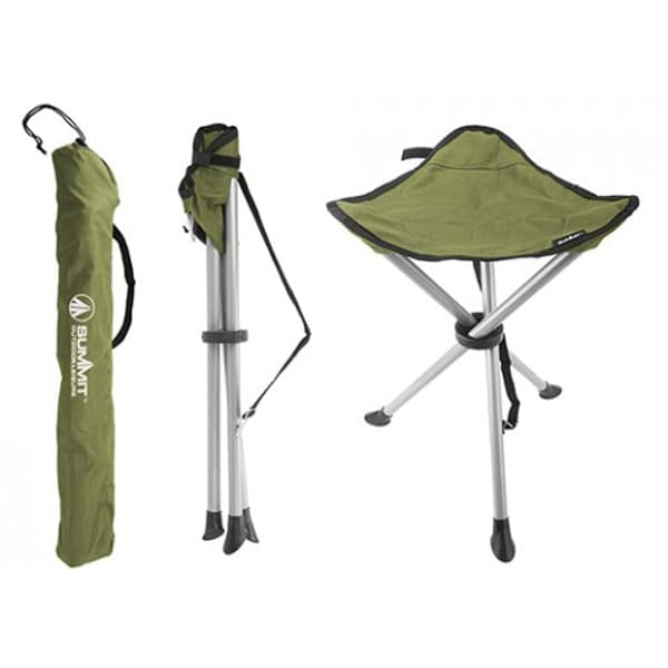Summit Folding Tripod Camping Stool - product image, showing stool both folded and unfolded, and carry bag