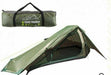 Green camping tent with carrying bag on a white background