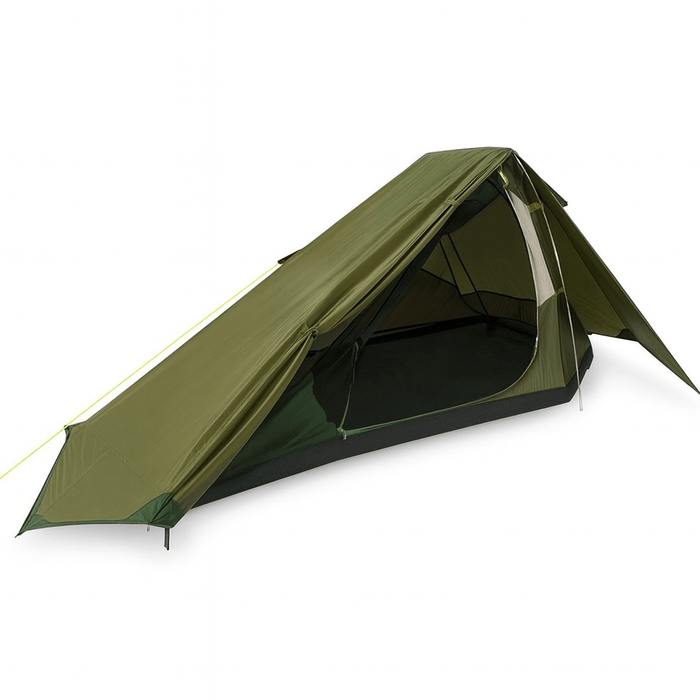 Green camping tent on a white background