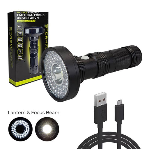 Summit Storm Force Rechargeable 3W Cree LED Tactical Torch – main product image, showing a black tactical LED torch flashlight shown with its retail box, a USB-C charging cable, and two circular inset diagrams illustrating the light beam pattern. The product is on a clean white background