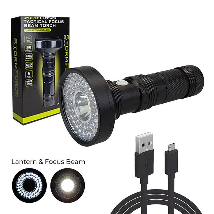 Summit Storm Force Rechargeable 3W Cree LED Tactical Torch – main product image, showing a black tactical LED torch flashlight shown with its retail box, a USB-C charging cable, and two circular inset diagrams illustrating the light beam pattern. The product is on a clean white background