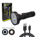 Summit Storm Force Rechargeable 3W Cree LED Tactical Torch – main product image, showing a black tactical LED torch flashlight shown with its retail box, a USB-C charging cable, and two circular inset diagrams illustrating the light beam pattern. The product is on a clean white background