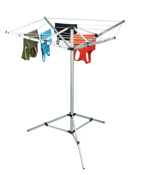 SunnCamp 4 Arm Portable Camping Washing Line with Tripod Base - main product image, showing washing line with clothes hanging on it