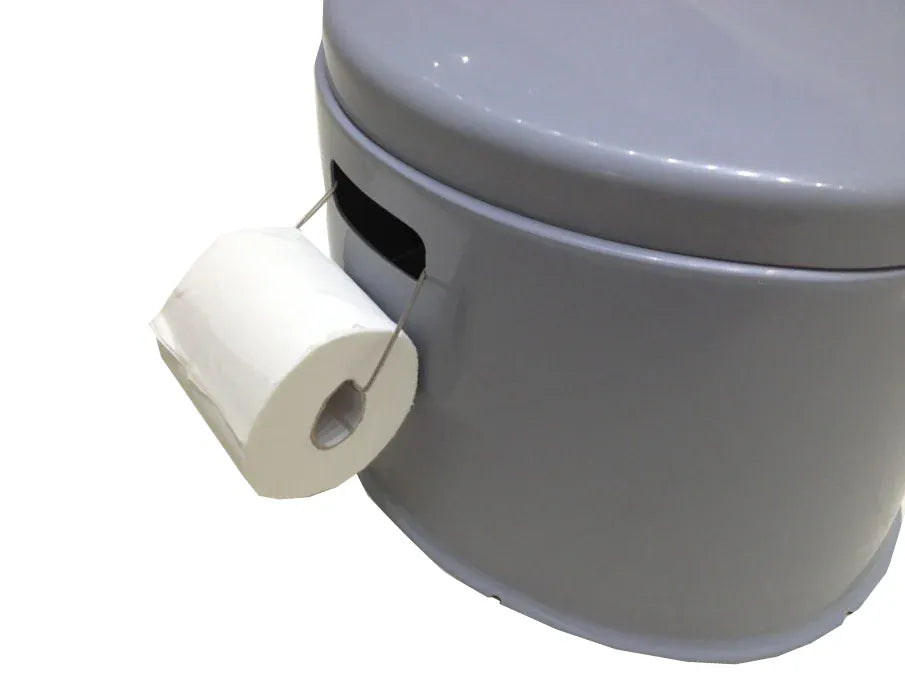 SunnCamp Lulu Portable Camping Toilet with Waste Bucket - product image, showing close-up of toilet roll holder connected to toilet with roll of paper attached