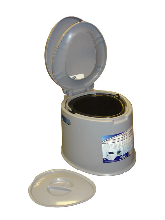 SunnCamp Lulu Portable Camping Toilet with Waste Bucket - main product image, showing assembled toilet with seat up and lid removed
