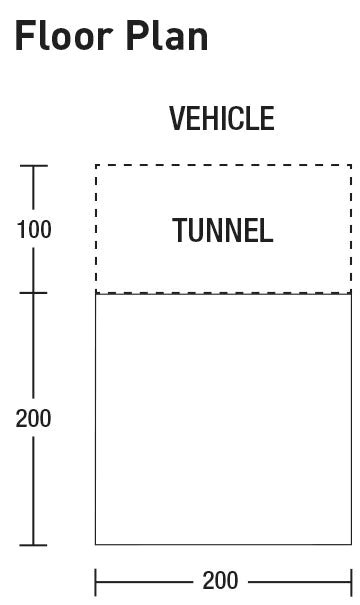 Sunncamp Motor Lodge 200 Drive Away Awning feature image of layout of awning. 200 x 200 with 100cm tunnel