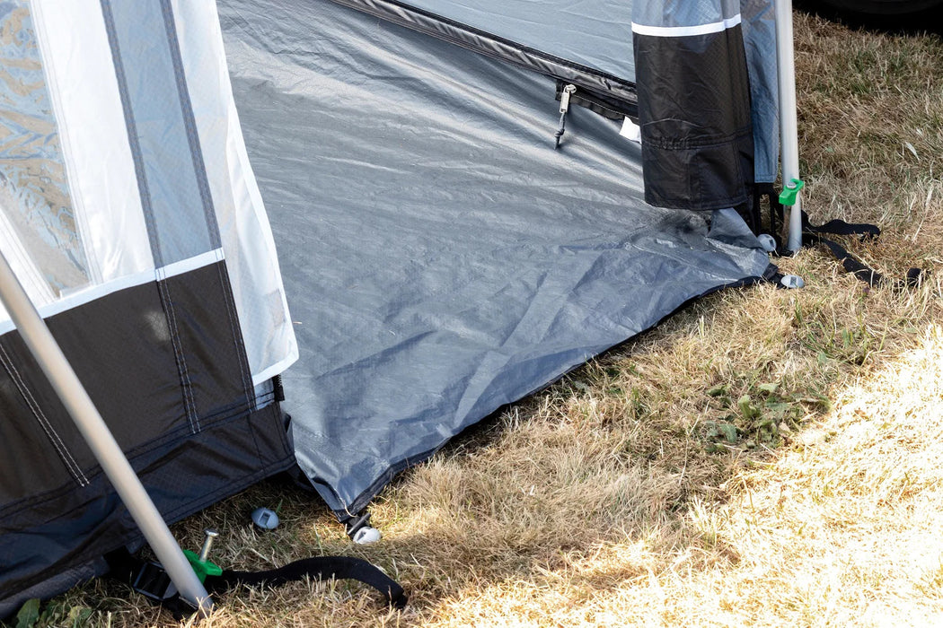 Sunncamp Swift 325 Tall Motorhome Porch Awning feature image of the awning side door showing groundsheet pegged down offering wheelchair access