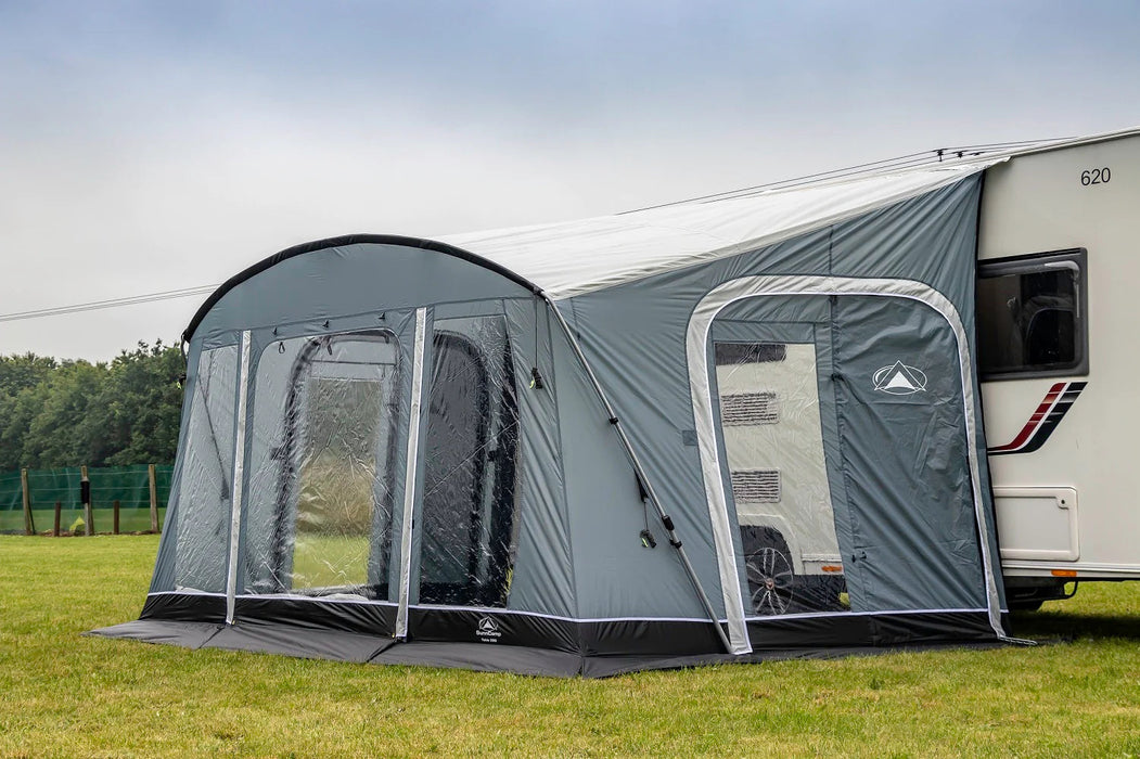 Sunncamp Toldo 390 Caravan Awning - Grey side view image of awning with front and side door zipped up 