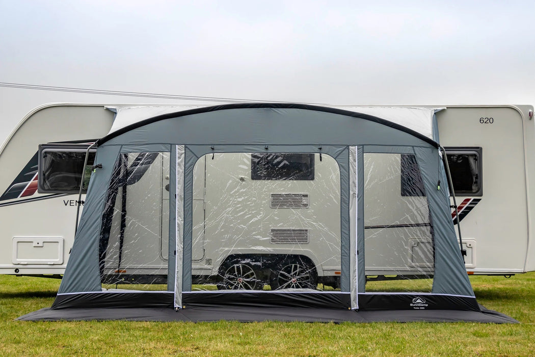 Sunncamp Toldo 390 Caravan Awning - Grey front view image of the awning pitched against caravan with curtains up and from door zipped closed