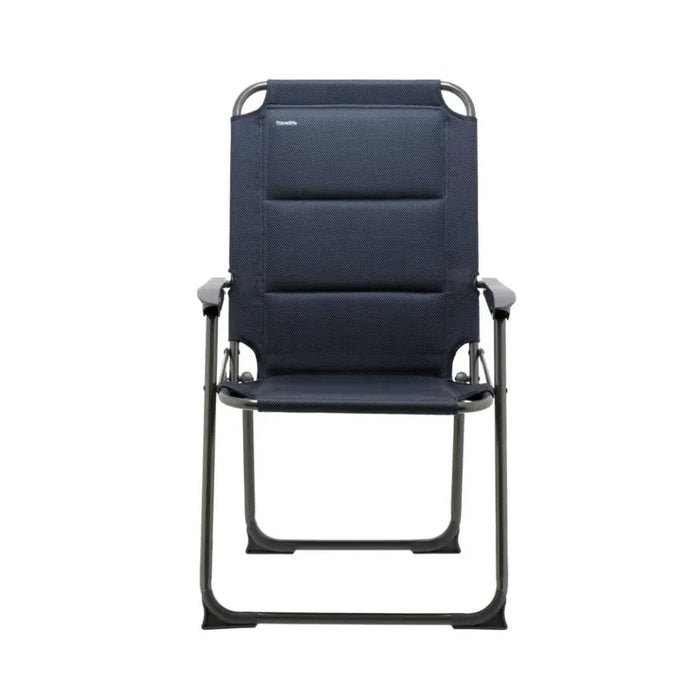 Travellife Barletta Compact Reclining Camping Chair Blue - product image, showing a navy blue outdoor lounge chair with a black metal frame, shown from the front against a plain white background.
