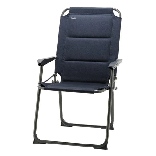 Travellife Barletta Compact Reclining Camping Chair Blue - main product image, showing a navy blue outdoor lounge chair with a high backrest, padded armrests, and a black metal frame, against a plain white background.
