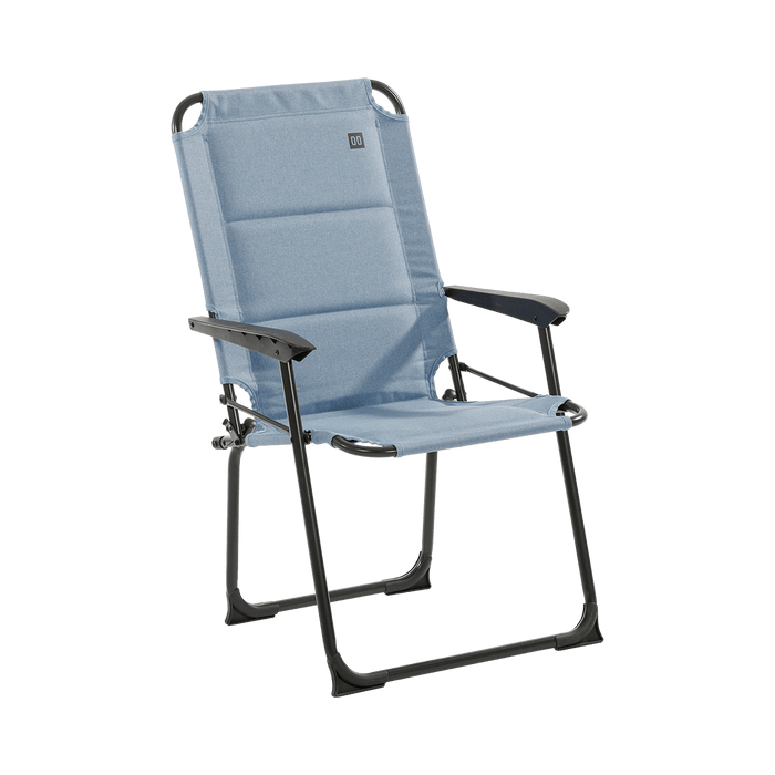 Travellife Lago Compact Camping Chair Wave Blue - main product image, showing a light blue fabric outdoor lounge chair with a black metal frame, on a plain white background.