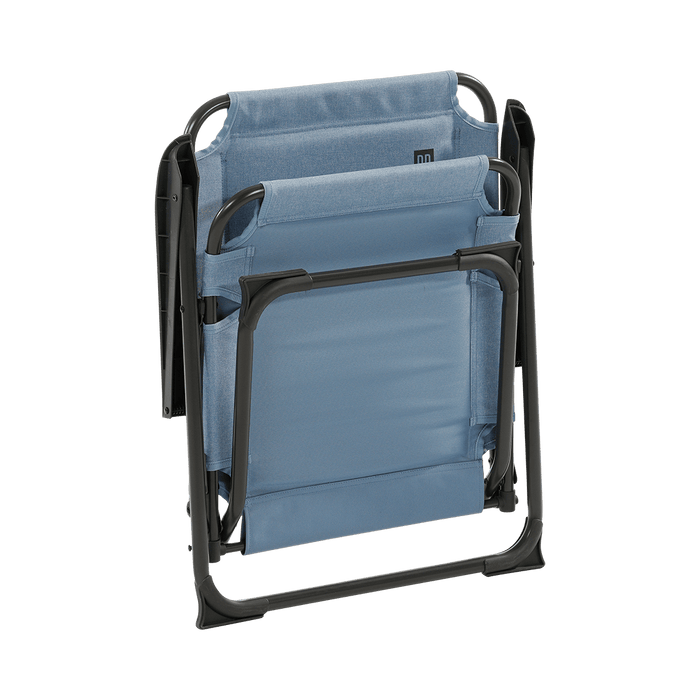 Travellife Lago Compact Camping Chair Wave Blue - product image, showing a light blue fabric outdoor lounge chair with a black metal frame, folded up, on a plain white background.