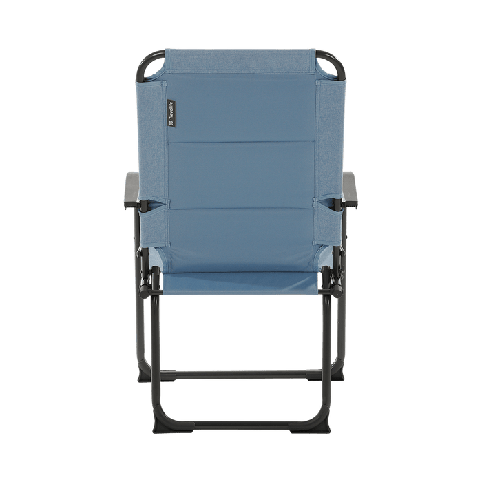 Travellife Lago Compact Camping Chair Wave Blue - product image, showing a light blue fabric outdoor lounge chair with a black metal frame, on a plain white background.